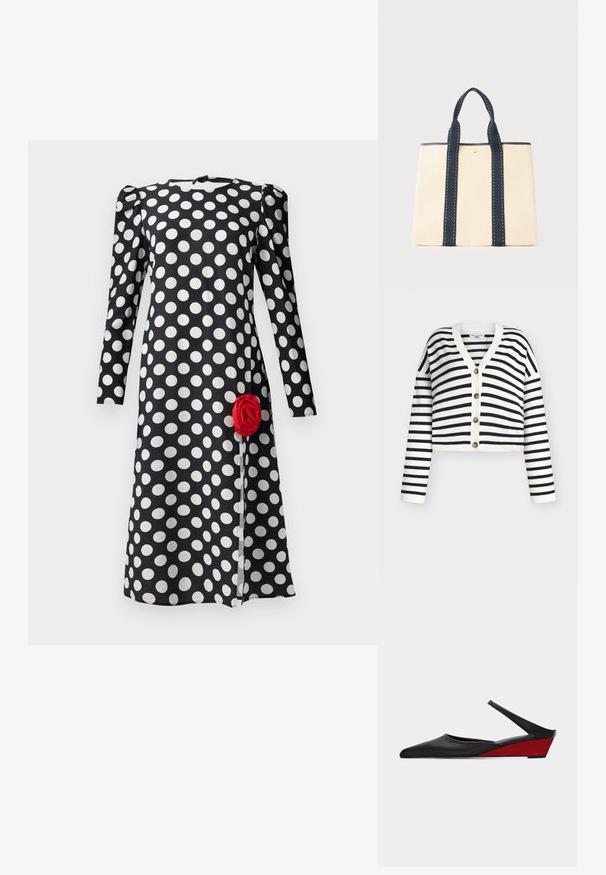 Stribet cardigan i hvid og navy, kort design, V-hals, lange ærmer, forlukning med fem runde, lysebrune knapper. Blød tekstur.; Sort kjole med hvide prikker, lange ærmer og samlede skulderdetaljer. Har en rød roseaccent på det forreste kant.; Sort spids slingback-sko med lav rød kilehæl og tynd ankelrem mod en ensfarvet baggrund.; Kremfarvet mulepose med to marineblå håndtag med hvide syninger, rektangulær form og lille guldlogo foran i midten.