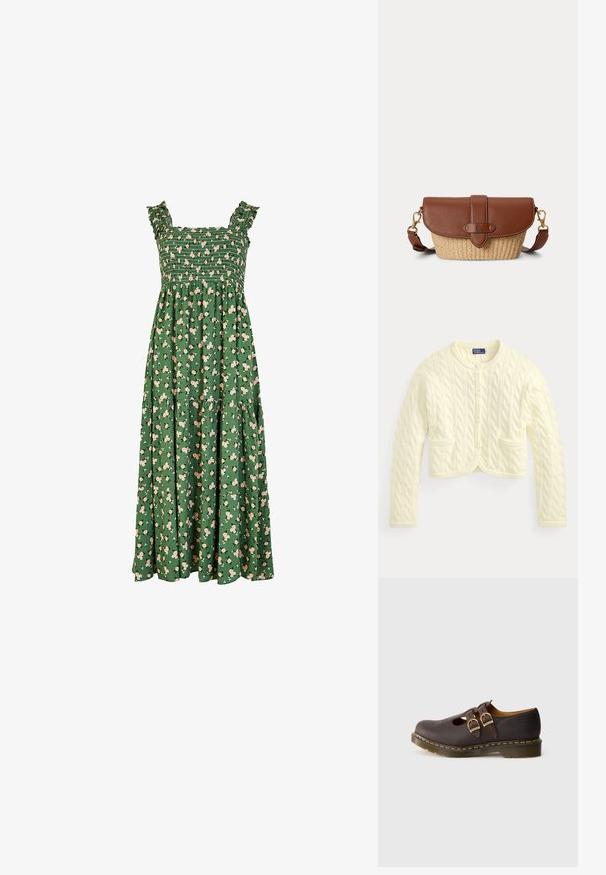 Cardigan couleur crème en maille torsadée avec manches longues, encolure ronde, boutons sur le devant et deux petites poches avant.; Robe maxi verte avec un corsage smocké, des bretelles froncées, et un motif floral avec des fleurs roses claires. Comprend un design de jupe à volants.; Chaussure en cuir marron foncé avec des sangles à double boucle, un design perforé au niveau des orteils et une semelle épaisse translucide avec des coutures jaunes.; Sac bandoulière en cuir marron et paille tissée avec fermeture à rabat et sangle réglable avec fermoirs dorés.