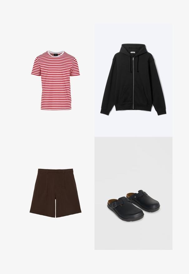 Schwarzer Zip-Hoodie mit Fronttaschen und Kordelzugkapuze, vor hellem Hintergrund präsentiert.; Rot-weiß gestreiftes Kurzarm-T-Shirt mit Rundhalsausschnitt, aus einem Stoff mit glatter Textur gefertigt. Es hat gleichmäßige horizontale Streifen.; Dunkelbraune, knielange, maßgeschneiderte Shorts mit Gürtelschlaufen und vorderen Falten, flach auf weißem Hintergrund präsentiert.; Schwarze Slip-On-Clogs mit verstellbaren seitlichen Schnallenriemen und konturierten Kork-Fußbetten auf neutralem Hintergrund.