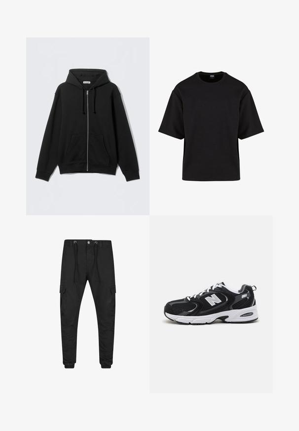 Sort hættetrøje med lynlås lavet af blødt stof, med hætte, snore, forlommer og ribbede kanter ved ærmer og bund. Enkel design uden mønstre.; Urban Classics SCUBA TEE - T-shirts basic - black; Sorte smalle cargobukser med elastiske manchetter, for-lynlås og knaplukning, snøre i taljen og klaplommer på hvert lår.; Sorte og grå sportssko med mesh og ruskind på overdelen, der har en hvid mellemsål, snørebånd og et iøjnefaldende "N" logo på siden.