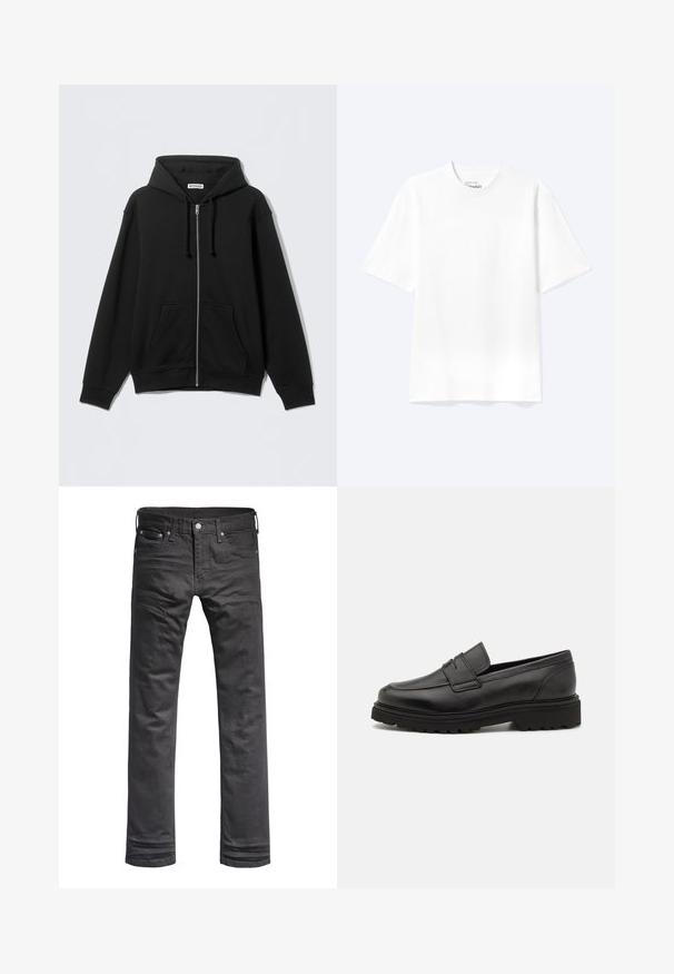 Sweat à capuche zippé noir en tissu doux, avec une capuche, des cordons de serrage, des poches avant et des poignets et ourlet côtelés. Design simple sans motifs.; T-shirt blanc uni à manches courtes et col rond avec une coupe décontractée, présenté sur un fond clair.; Jeans en denim noir avec un design classique à jambes droites. Comprend des poches avant, une fermeture à bouton et des détails de couture subtils.; Mocassin en cuir noir avec un bout rond, des détails cousus, et une semelle épaisse et texturée. Présente un design élégant et minimaliste.