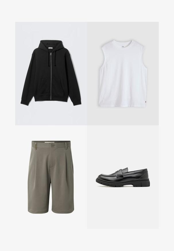 Sweat à capuche zippé noir en tissu doux, avec une capuche, des cordons de serrage, des poches avant et des poignets et ourlet côtelés. Design simple sans motifs.; T-shirt blanc sans manches à col rond avec une petite étiquette logo Levi's sur la couture latérale, présenté sur un fond clair uni.; Shorts homme longueur genou de couleur vert olive avec fermeture à boutons, passants pour ceinture et poches latérales, présentés sur fond blanc.; Mocassin en cuir noir avec une large sangle sur le devant, semelle en caoutchouc à épaisse rainure, et texture lisse. Design classique et élégant.