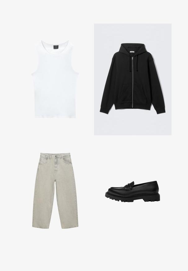 Sort hættetrøje med lynlås lavet af blødt stof, med hætte, snore, forlommer og ribbede kanter ved ærmer og bund. Enkel design uden mønstre.; Hvid ærmeløs tanktop lavet af ribbet bomuld. Har en rund halsudskæring og en glat tekstur. Etiketten siger "PULL&BEAR."; Lysegrå vidde jeans i denim med forlommer, bæltestropper og knaplukning, vist fladt på en hvid baggrund.; Sorte læder loafers med en robust, struktureret sål. Har en dekorativ syet kant og en lav hæl for et moderne design.