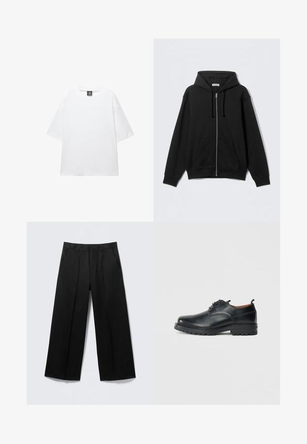 Sweat à capuche zippé noir en tissu doux, avec une capuche, des cordons de serrage, des poches avant et des poignets et ourlet côtelés. Design simple sans motifs.; T-shirt blanc surdimensionné avec des manches courtes, un col rond et un tissu en coton doux. Présente une étiquette noire au niveau du cou. Sans motifs ni accents.; Pantalon large noir avec passants pour ceinture, poches avant et fermeture éclair, présenté sur un fond gris clair.; Chaussures derby en cuir noir avec une texture lisse, bout rond, design à lacets et une semelle en caoutchouc épaisse et robuste.