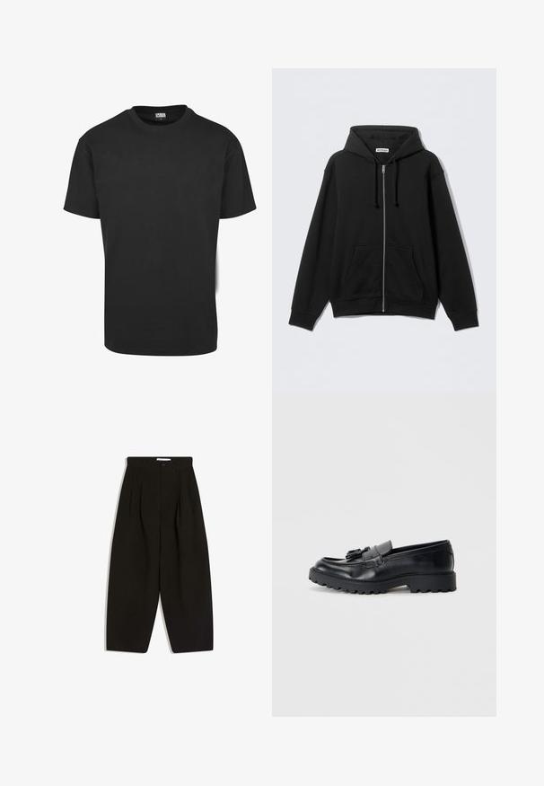 Sort hættetrøje med lynlås lavet af blødt stof, med hætte, snore, forlommer og ribbede kanter ved ærmer og bund. Enkel design uden mønstre.; Sort bomuld t-shirt med korte ærmer, rund halsudskæring og almindelig pasform. Stoffet fremstår glat og uden pynt.; Sorte bukser med vide ben lavet af blødt stof, med plisseret front, knaplukning og sidelommer for ekstra funktionalitet.; Sorte læder loafers med en blank finish, kraftig gummisål og dekorativt frynse-detalje på forsiden.