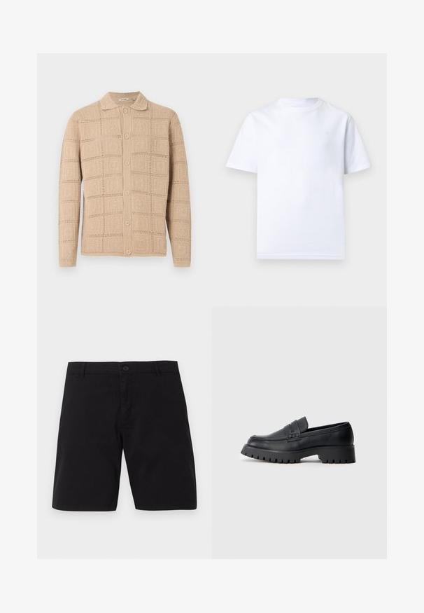 Cardigan beige à manches longues boutonné, avec motif carré texturé et col classique, présenté sur un fond uni.; T-shirt uni blanc à manches courtes et col rond, présenté à plat sur un fond clair, sans logos ni motifs visibles.; Shorts décontractés noirs avec fermeture par bouton, passants pour ceinture et design simple, présentés sur un fond uni.; Mocassins en cuir noir avec un bout arrondi, présentant une sangle décorative et une semelle en caoutchouc épaisse avec de profonds crampons pour une meilleure adhérence.