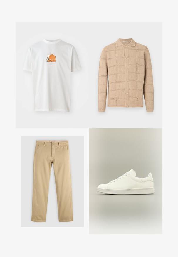 Beige langærmet cardigan med knapper, tekstureret firkantet mønster og klassisk krave, vist på en ensfarvet baggrund.; Hvid bomulds t-shirt med rund halsudskæring. Forsiden viser en orange tegneseriefigur omgivet af blomster og tekst i pink.; Khaki chinos med lige ben, der har to forlommer og en talje med bæltestropper. Lavet af blødt, holdbart bomuldsstof.; Minimalistisk hvid lavtop sneaker med snørebånd, glat læderoverdel og tekstureret gummisål vist på neutral baggrund.