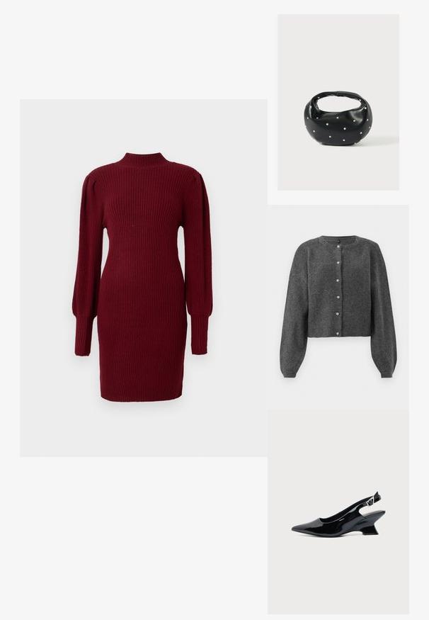 Gilet cropped gris foncé en matière tricot douce. Comprend un col rond et une fermeture à boutons avec des boutons ressemblant à des perles. Manches longues et bouffantes.; Robe en maille côtelée bordeaux avec col montant et longues manches bouffantes, présentant une silhouette ajustée et une texture lisse.; Chaussure slingback en cuir verni noir avec bout pointu et petit talon bloc incliné sur fond clair uni.; Sac à main en cuir noir de forme arrondie, décoré de clous argentés et équipé d'une poignée courte. Texture lisse et fermeture éclair.