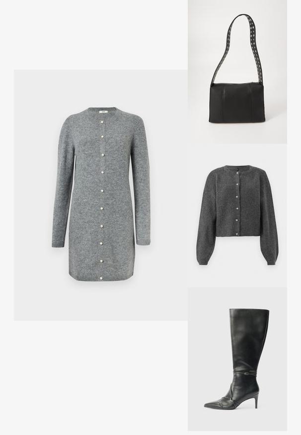 Gilet cropped gris foncé en matière tricot douce. Comprend un col rond et une fermeture à boutons avec des boutons ressemblant à des perles. Manches longues et bouffantes.; Robe-cardigan grise en tissu tricot doux, dotée d'un col rond, de manches longues et de fermetures à boutons en perles sur le devant.; Bottes noires en cuir montant jusqu'au genou, avec un talon fin, un bout pointu et des détails de lanière à la cheville. Texture lisse et design ajusté.; Sac à main en cuir noir de forme rectangulaire, doté d'une fermeture éclair et d'une bandoulière à pois. Texture lisse, détails de couture minimaux.
