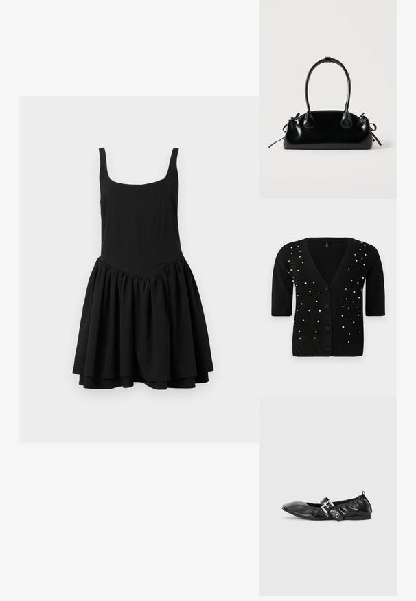 Cárdigan negro de mangas cortas, con cuello en V y botones en el frente, adornado con perlas y rhinestones para un detalle adicional. Textura suave.; Vestido negro sin mangas con escote cuadrado, cuerpo ajustado y falda acampanada y fruncida; textura suave y color sólido.; Zapato plano de piel negra con puntera afilada, detalle fruncido alrededor de la abertura y un acento de hebilla plateada en la correa ajustable.; Pequeño bolso negro brillante con dos asas largas y detalles de cordón lateral sobre un fondo claro liso.