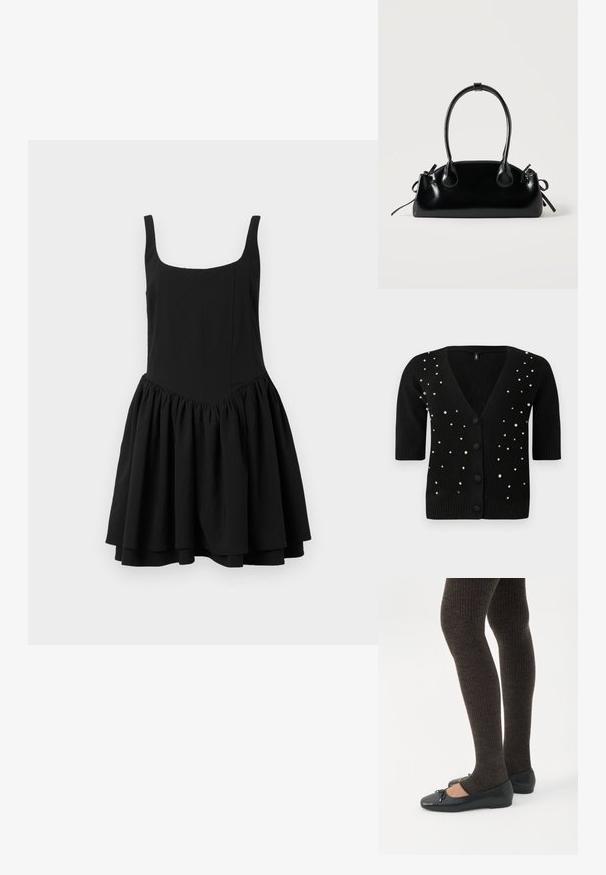 Cárdigan negro de mangas cortas, con cuello en V y botones en el frente, adornado con perlas y rhinestones para un detalle adicional. Textura suave.; Vestido negro sin mangas con escote cuadrado, cuerpo ajustado y falda acampanada y fruncida; textura suave y color sólido.; Piernas con leggings oscuros acanalados combinados con bailarinas negras que presentan pequeños detalles de lazo sobre un fondo blanco.; Pequeño bolso negro brillante con dos asas largas y detalles de cordón lateral sobre un fondo claro liso.