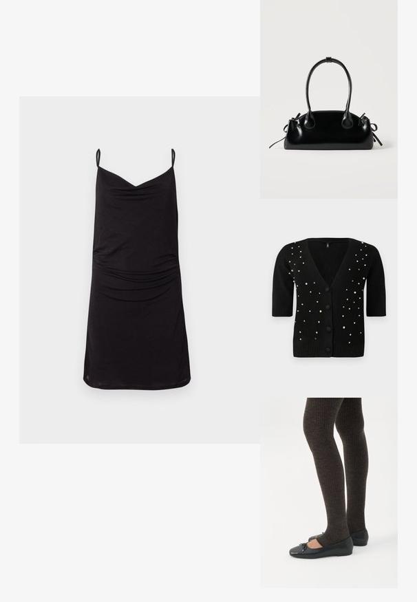 Cárdigan negro de mangas cortas, con cuello en V y botones en el frente, adornado con perlas y rhinestones para un detalle adicional. Textura suave.; Vestido negro sin mangas tipo lencero con finas tiras en los hombros y sutiles detalles fruncidos en la parte delantera, mostrado sobre un fondo claro y liso.; Piernas con leggings oscuros acanalados combinados con bailarinas negras que presentan pequeños detalles de lazo sobre un fondo blanco.; Pequeño bolso negro brillante con dos asas largas y detalles de cordón lateral sobre un fondo claro liso.
