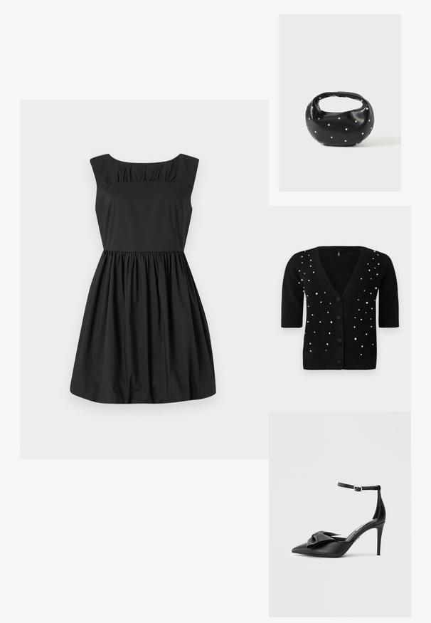 Cárdigan negro de mangas cortas, con cuello en V y botones en el frente, adornado con perlas y rhinestones para un detalle adicional. Textura suave.; Vestido negro sin mangas con escote redondo, detalles fruncidos en el torso y una Falda acampanada. Confeccionado en una tela suave.; Zapato de tacón alto negro con puntera puntiaguda, adorno de lazo de satén y correa ajustable en el tobillo con herrajes plateados. Textura de cuero suave.; Bolso de mano de cuero negro con forma redondeada, decorado con detalles de tachuelas plateadas y un asa corta. Textura lisa y cierre con cremallera.
