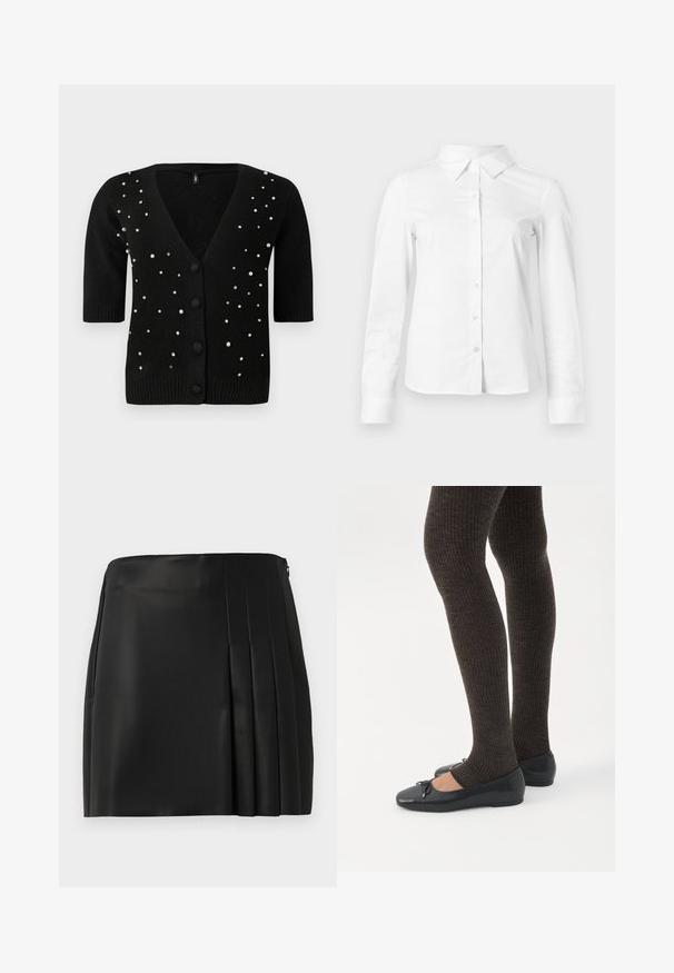 Zwarte cardigan met korte mouwen, V-hals en knopen aan de voorkant, versierd met parels en strass voor extra detail. Zachte textuur.; Witte blouse met lange mouwen en knopen, met puntige kraag, rechte zoom en aansluitende silhouet, weergegeven op een effen lichte achtergrond.; Zwarte neplederen mini-jurk met een gladde voorkant en plissé-detail aan de rechterzijde, voorzien van een ritsluiting aan de achterkant.; Benen met donkere geribbelde leggings gecombineerd met zwarte ballerina's met kleine strikdetails op een witte achtergrond.