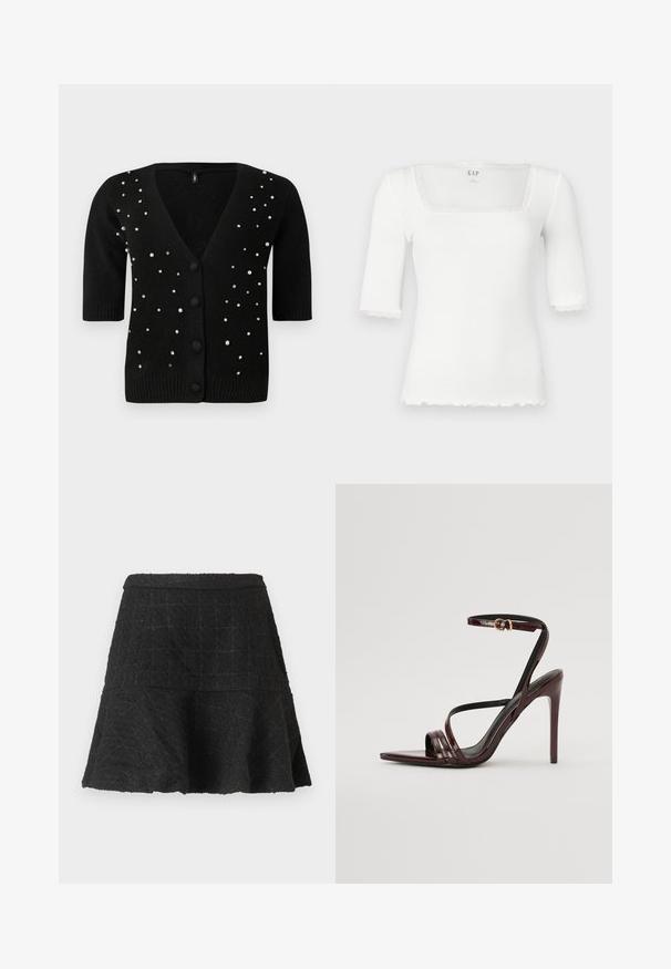 Cárdigan negro de mangas cortas, con cuello en V y botones en el frente, adornado con perlas y rhinestones para un detalle adicional. Textura suave.; Top ajustado blanco con escote cuadrado y mangas cortas. Presenta un borde de encaje a lo largo del cuello y los bordes de las mangas. Confeccionado con un material acanalado.; Falda en línea A de color negro con textura, dobladillo acampanado y patrón de cuadros sutil sobre fondo liso.; Sandalia de tacón alto de charol burdeos con tira en el tobillo, punta afilada y tres tiras horizontales en el pie. Detalle de hebilla en tono dorado.