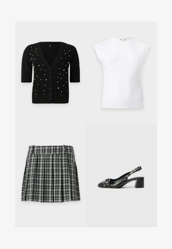 Cárdigan negro de mangas cortas, con cuello en V y botones en el frente, adornado con perlas y rhinestones para un detalle adicional. Textura suave.; Top blanco sin mangas con hombreras acolchadas y cuello redondo, diseño liso, mostrado sobre un fondo gris claro.; Falda plisada de cuadros en blanco y negro con una cintura suave y múltiples pliegues verticales. Fabricada en un tejido ligero.; Tacón slingback de cuero negro con punta afilada, correa texturizada con acentos metálicos circulares y tacón cuadrado apilado.