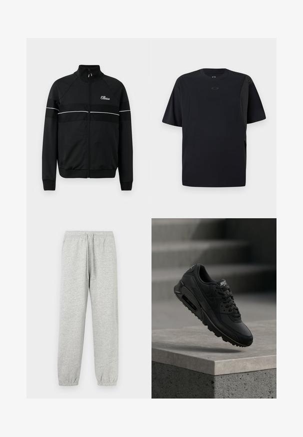 Chaqueta negra con cremallera en una tela suave, con franjas horizontales blancas y un logo en el pecho. Diseño deportivo clásico con cuello alto.; Camiseta negra de manga corta hecha de tela suave, con un diseño asimétrico y un pequeño logo en el pecho.; Pantalones deportivos gris claro confeccionados con una mezcla suave de algodón, con cintura elástica con cordón ajustable y puños fruncidos en los tobillos.; Zapatilla Nike Air Max 90 negra que combina materiales de cuero y malla, con cordones redondos y una unidad de aire visible en la suela.