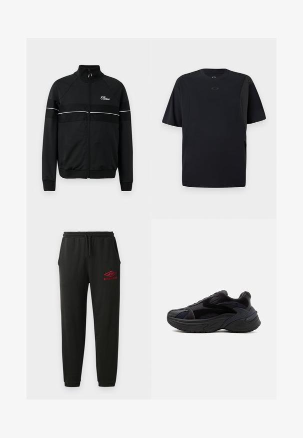 Schwarze Zip-up-Jacke aus glattem Stoff mit weißen horizontalen Streifen und einem Logo auf der Brust. Klassisches sportliches Design mit hochgeschlossenem Kragen.; Schwarzes Kurzarm-T-Shirt aus glattem Stoff, mit einem asymmetrischen Design und einem kleinen Logo auf der Brust.; Schwarze Jogginghose mit elastischem Bund und Bündchen, Seitentaschen und rotem Umbro-Logo am linken Oberschenkel.; Schwarzer klobiger Sneaker mit dicker Sohle, Wildleder- und Mesh-Einsätzen sowie strukturierten Designdetails an Seite und Zehenbereich.