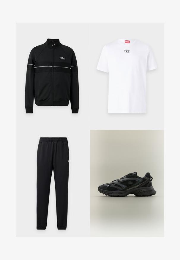 Schwarze Zip-up-Jacke aus glattem Stoff mit weißen horizontalen Streifen und einem Logo auf der Brust. Klassisches sportliches Design mit hochgeschlossenem Kragen.; Weißes Baumwoll-T-Shirt mit kurzen Ärmeln, runder Halslinie und einem silbernen Diesel-Logopatch auf der Brust. Einfaches Design, einfarbig.; Schwarze Sporthosen aus weichem Stoff, mit einem elastischen Bund, zwei Seitentaschen und gebündelten Säumen für eine eng anliegende Passform.; Schwarzer Sportschuh mit Netz панели, einer strukturierten Sohle, Schnürsenkeln und einer geschwungenen Silhouette mit silbernen Akzenten an den Seiten.