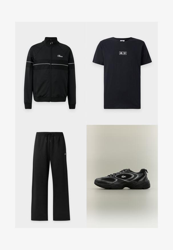 Schwarze Zip-up-Jacke aus glattem Stoff mit weißen horizontalen Streifen und einem Logo auf der Brust. Klassisches sportliches Design mit hochgeschlossenem Kragen.; Schwarzes Baumwoll-T-Shirt mit kurzen Ärmeln und rundem Ausschnitt. Auf der Vorderseite befindet sich ein Logo-Patch mit Text. Einfaches, unauffälliges Design.; Schwarze locker sitzende Hose mit elastischem Bund und Kordelzug, mit kleinem weißem Logo an der Seite.; Schwarzer und grauer Sportschuh mit Netzpaneelen, Schnürdesign, dicker Sohle und einem kleinen Krokodil-Logo an der Seite.