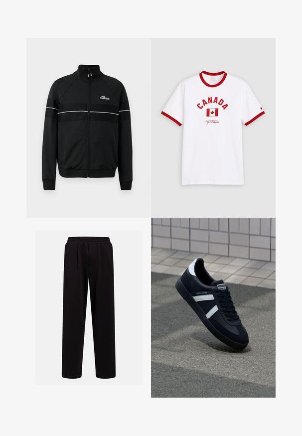 Chaqueta negra con cremallera en una tela suave, con franjas horizontales blancas y un logo en el pecho. Diseño deportivo clásico con cuello alto.; Camiseta blanca de manga corta con cuello y bordes de las mangas rojos, con el texto "CANADA", una bandera de hoja de arce roja y la marca Levi's debajo.; Pantalones negros de pierna recta con cintura elástica y pliegues frontales, diseñados para un ajuste relajado y uso cómodo.; Zapatilla de cuero negra con rayas blancas, suela de goma texturizada y parte frontal con cordones. Cuenta con una etiqueta de marca en la lengüeta.