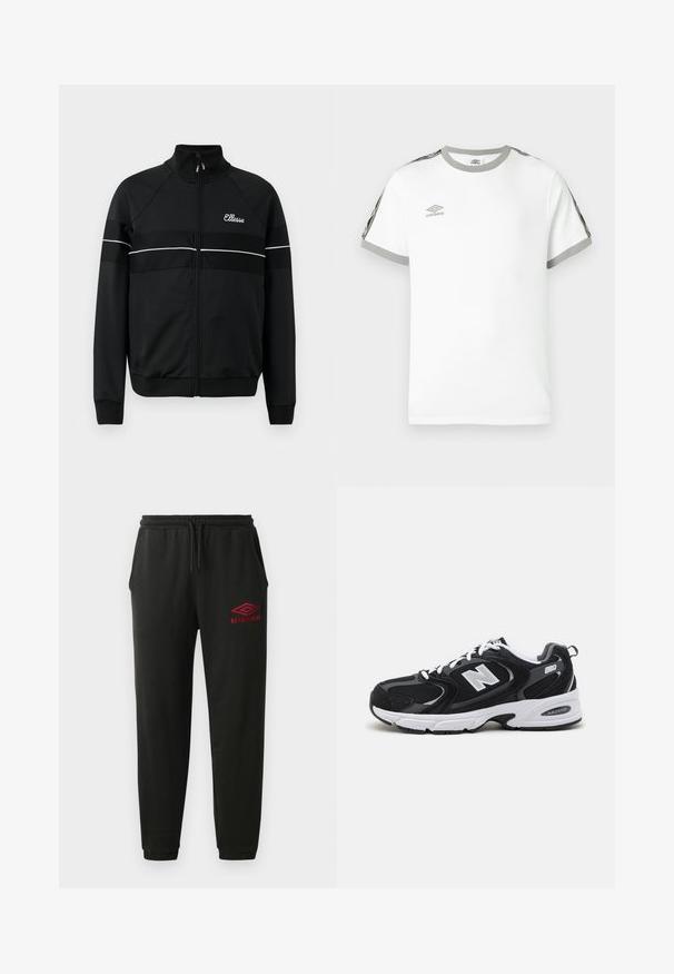 Schwarze Zip-up-Jacke aus glattem Stoff mit weißen horizontalen Streifen und einem Logo auf der Brust. Klassisches sportliches Design mit hochgeschlossenem Kragen.; Weißes Kurzarm-T-Shirt mit grauem Kragen und Bündchen, schwarzen und grauen Streifen an den Ärmeln sowie Umbro-Logo auf der Brust.; Schwarze Jogginghose mit elastischem Bund und Bündchen, Seitentaschen und rotem Umbro-Logo am linken Oberschenkel.; Schwarze und graue Sportschuhe mit Obermaterial aus Mesh und Wildleder, ausgestattet mit einer weißen Zwischensohle, Schnürsenkeln und einem markanten "N"-Logo an der Seite.