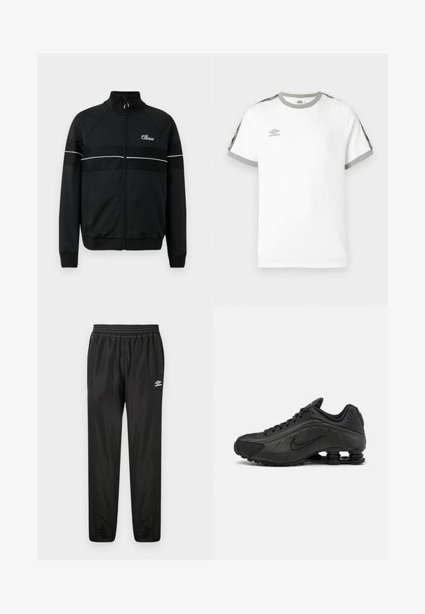 Schwarze Zip-up-Jacke aus glattem Stoff mit weißen horizontalen Streifen und einem Logo auf der Brust. Klassisches sportliches Design mit hochgeschlossenem Kragen.; Weißes Kurzarm-T-Shirt mit grauem Kragen und Bündchen, schwarzen und grauen Streifen an den Ärmeln sowie Umbro-Logo auf der Brust.; Schwarze Umbro Trainingshose mit elastischem Bund, seitlichen Taschen, schmal zulaufenden Beinen und Logo auf dem rechten Oberschenkel vor einem weißen Hintergrund.; Schwarze Laufschuhe mit einem glatten synthetischen Obermaterial, durchbrochenen Akzenten, strukturierten Seitenpaneelen und einer ausgeprägten federnden Sohle.