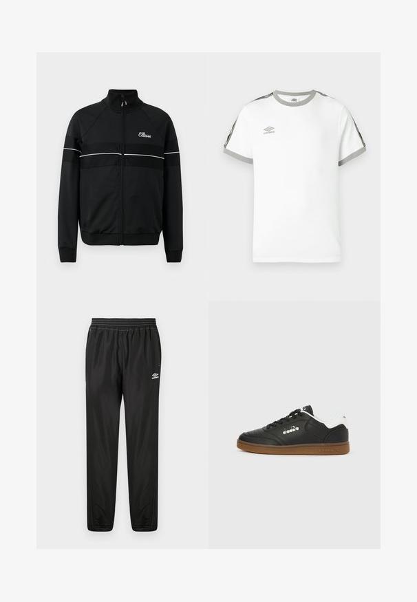 Schwarze Zip-up-Jacke aus glattem Stoff mit weißen horizontalen Streifen und einem Logo auf der Brust. Klassisches sportliches Design mit hochgeschlossenem Kragen.; Weißes Kurzarm-T-Shirt mit grauem Kragen und Bündchen, schwarzen und grauen Streifen an den Ärmeln sowie Umbro-Logo auf der Brust.; Schwarze Umbro Trainingshose mit elastischem Bund, seitlichen Taschen, schmal zulaufenden Beinen und Logo auf dem rechten Oberschenkel vor einem weißen Hintergrund.; Schwarzer Ledersneaker mit weißem Fersenlasche, Gummisohle, schwarzen Schnürsenkeln und silbernem Diadora-Logo an der Seite und Sohle.