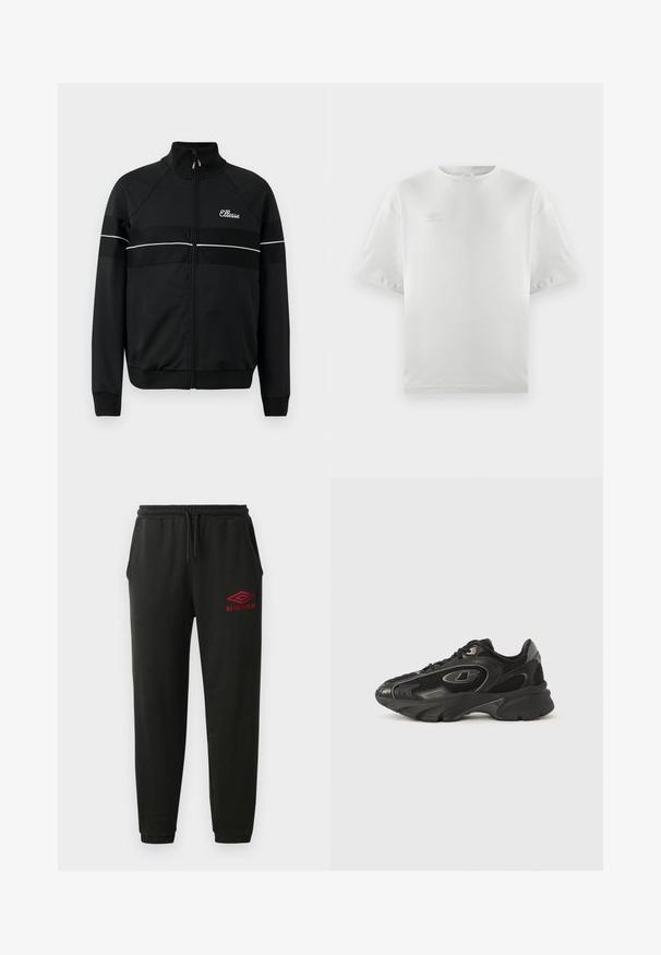 Veste noire zippée en tissu lisse, avec des rayures horizontales blanches et un logo sur la poitrine. Design sportif classique avec col montant.; T-shirt en coton blanc à manches courtes, col rond, avec un logo subtil imprimé en gris clair sur la poitrine ; texture lisse et coupe décontractée.; Pantalons de jogging noirs avec taille et poignets élastiques, poches latérales et logo Umbro rouge sur la cuisse gauche.; Baskets de sport noires avec une tige en mesh et synthétique, semelle incurvée, col rembourré et accents de logo subtils. Détails texturés sur les panneaux latéraux.