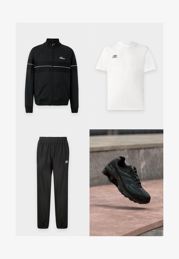 Schwarze Zip-up-Jacke aus glattem Stoff mit weißen horizontalen Streifen und einem Logo auf der Brust. Klassisches sportliches Design mit hochgeschlossenem Kragen.; Weißes T-Shirt mit kurzen Ärmeln und schwarzem Umbro-Logo auf der linken Brust, Rundhalsausschnitt, schlichtes Design, auf hellem Hintergrund präsentiert.; Schwarze Umbro Trainingshose mit elastischem Bund, seitlichen Taschen, schmal zulaufenden Beinen und Logo auf dem rechten Oberschenkel vor einem weißen Hintergrund.; Schwarzer athletischer Sneaker mit sichtbarer Air-Cushioning-Zwischensohle, der über einer rosa Steinoberfläche mit grauer Steinmauer im Hintergrund schwebt.