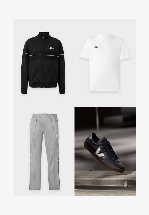 Schwarze Zip-up-Jacke aus glattem Stoff mit weißen horizontalen Streifen und einem Logo auf der Brust. Klassisches sportliches Design mit hochgeschlossenem Kragen.; Weißes T-Shirt mit kurzen Ärmeln und schwarzem Umbro-Logo auf der linken Brust, Rundhalsausschnitt, schlichtes Design, auf hellem Hintergrund präsentiert.; Hellgraue Umbro-Sporthose mit elastischem Bund und schwarz-weißen Seitenstreifen, präsentiert vor einem weißen Hintergrund.; Schwarze Leder-Sneaker mit weißem V-Logo, Schnürung vorne, durchbrochene Details und brauner Gummisohle; schlankes Design mit minimalen Akzenten.