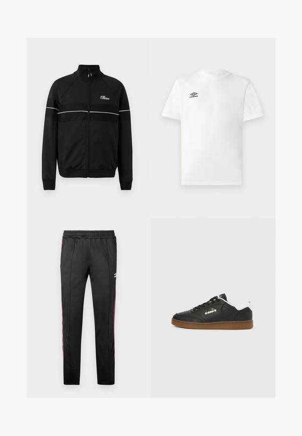 Chaqueta negra con cremallera en una tela suave, con franjas horizontales blancas y un logo en el pecho. Diseño deportivo clásico con cuello alto.; Camiseta blanca de manga corta con el logo negro de Umbro en el lado izquierdo del pecho, cuello redondo, diseño liso, presentada sobre un fondo claro.; Pantalones deportivos negros, confeccionados en un tejido suave, con franjas laterales rojas, cintura elástica y un logo en la parte superior de la pierna derecha.; Zapatilla negra de cuero con lengüeta en el talón blanca, suela de goma, cordones negros y logo plateado de Diadora en el lateral y la suela.