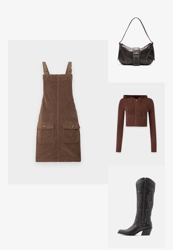 Sweat à capuche court en tricot marron avec manches longues, poignets côtelés et fermeture éclair devant sur fond uni.; Robe salopette en velours côtelé marron avec bretelles réglables, deux poches avant et une couture centrale. Tissu texturé au toucher doux.; Bottes de cowboy en cuir marron avec surpiqûres en forme de flammes, fermeture éclair latérale, clous argentés, bout pointu et talon superposé.; Sac à épaule en cuir marron avec une forme courbée, présentant un détail de boucle proéminent, des coutures contrastantes et une seule bandoulière.