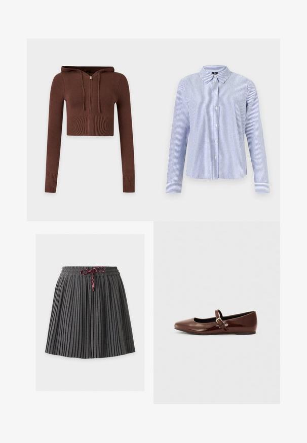 Sweat à capuche court en tricot marron avec manches longues, poignets côtelés et fermeture éclair devant sur fond uni.; Chemise à manches longues boutonnée, avec des rayures verticales blanches et bleu clair et un col pointu, présentée sur un fond uni.; Jupe plissée gris foncé avec une taille élastique et un cordon bordeaux noué au centre devant.; Ballerine en cuir verni marron avec un bout carré et une lanière ornée d'une petite boucle dorée. Texture lisse, talon bas et design minimaliste.