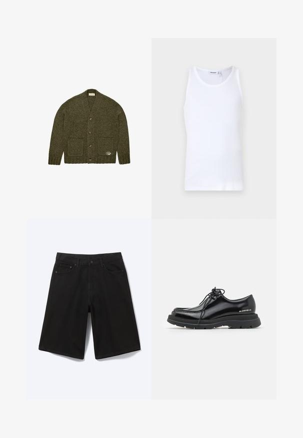 Mørkegrøn strikket cardigan med fire knapper, to forlommer, ribbede manchetter og kant, samt en lille broderet detalje på den nederste lomme.; Hvid bomulds tanktop med rund hals og brede stropper. Glat tekstur, ingen mønstre, enkelt design og mærkeetiket på halsudskæringen.; Sorte denim shorts til knæet med frontknap, bæltestropper og fem lommer, vist mod en hvid baggrund.; Sorte læder dressko med rund tå, tyk gummisål, snørebåndsdesign og markant syning langs kanten.
