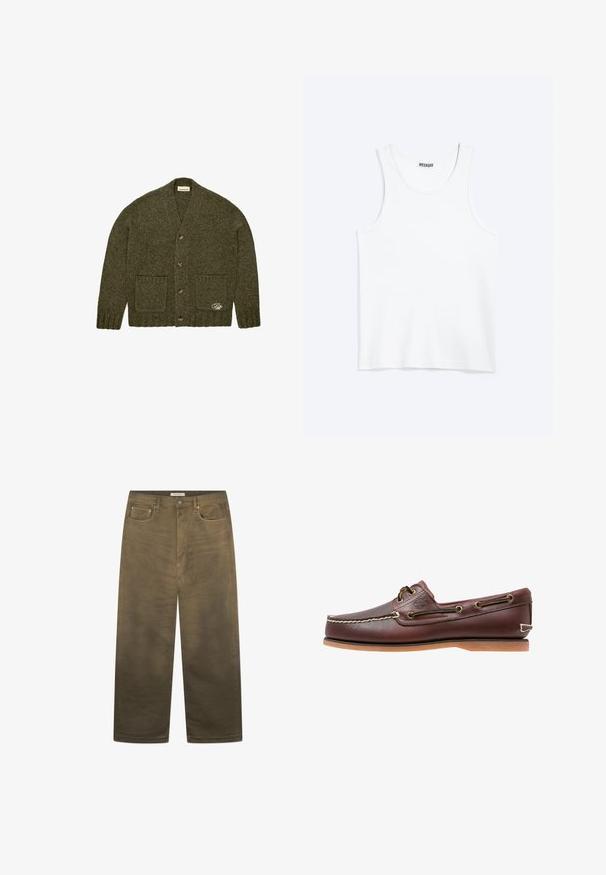 Mørkegrøn strikket cardigan med fire knapper, to forlommer, ribbede manchetter og kant, samt en lille broderet detalje på den nederste lomme.; Hvid ærmeløs tanktop med rund halsudskæring og Weekday-mærke på den indvendige baghals, vist fladt på lys baggrund.; Olivengrønne bukser med lige ben, frontknaplukning, bæltestropper og fem lommer, lagt fladt på en hvid baggrund.; Brun læder bådsko med hvide sømme, snøre detaljer og lysbrun gummisål, vist fra siden på hvid baggrund.