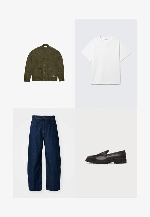 Mørkegrøn strikket cardigan med fire knapper, to forlommer, ribbede manchetter og kant, samt en lille broderet detalje på den nederste lomme.; Hvid kortærmet crewneck T-shirt lagt fladt ud, ensfarvet design, med "WEEKDAY" mærkat inde i kraven på en lys baggrund.; Bredde ben mørk denim jeans med høj talje, som har fem lommer, knaplukning foran og synlige syninger.; Mørkebrun læder- og ruskindspenny loafer med kraftig sort gummisål, sideprofil på hvid baggrund.