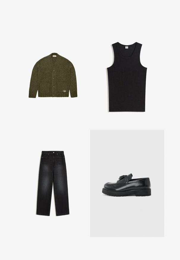 Mørkegrøn strikket cardigan med fire knapper, to forlommer, ribbede manchetter og kant, samt en lille broderet detalje på den nederste lomme.; Sort tanktop lavet af bomuld med rund halsudskæring og ærmeløs design. Glat tekstur uden synlige mønstre eller accenter.; Sorte jeans med høj talje og lige ben, med forlommer, knaplukning og subtile falmede detaljer på lår og knæ.; Sort læderloafer med kvaster, tyk gummisål og lav hæl, vist i sideprofil på en ensfarvet baggrund.