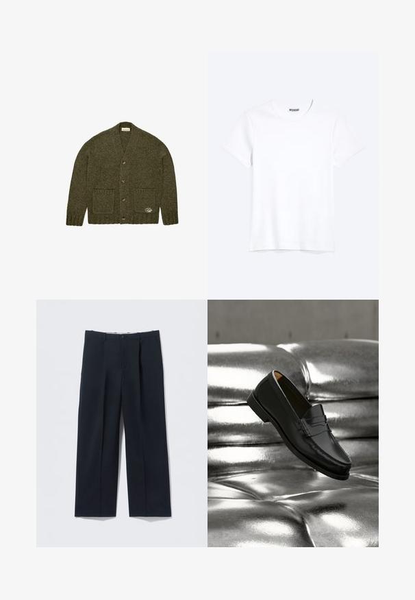 Cardigan en maille vert foncé avec quatre boutons, deux poches avant, des poignets et un ourlet côtelés, et un petit détail brodé sur la poche inférieure.; T-shirt blanc uni à manches courtes et col rond avec une étiquette de la marque WEEKDAY visible au niveau du col, présenté sur un fond clair.; Pantalon bleu marine foncé en tissu lisse, avec une coupe ajustée, deux poches avant et une fermeture par bouton.; Mocassin en cuir noir flottant au-dessus d'un canapé en cuir argenté brillant matelassé à boutons dans un décor minimaliste.