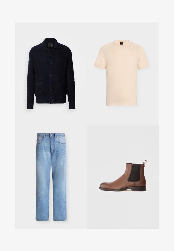 Cardigan tricoté marine avec grand col, fermeture par boutons et deux poches avant ; design texturé avec poignets et ourlet côtelés.; T-shirt beige manches courtes à col rond avec un logo « BOSS » discret sur la poitrine et une étiquette noire à l’intérieur de l’encolure.; Jean droit en denim bleu clair avec fermeture par bouton et zip, poches avant et arrière, et passants de ceinture à la taille.; Bottines Chelsea en cuir marron avec une finition texturée, des panneaux latéraux élastiques et une languette. Elles disposent d'une semelle en caoutchouc pour une meilleure adhérence.