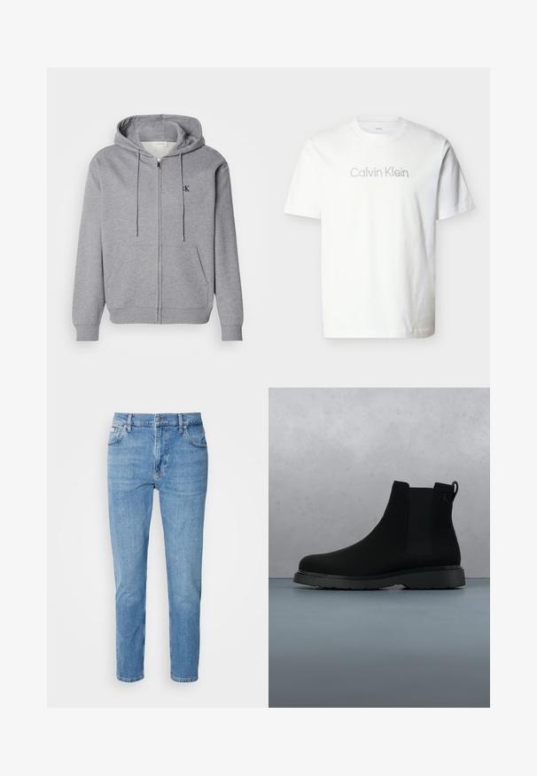 Grijze zip-up hoodie gemaakt van zachte stof, met een capuchon, trekkoorden, twee voorzakken en een klein zwart logo op de borst.; Witte korte mouw t-shirt van katoen, met een grijze "Calvin Klein"-logo over de borst in een minimalistisch lettertype.; Lichtblauwe denim jeans met een rechte pasvorm, vijf zakken en subtiele vervaging. Voorzien van een knoopsluiting en riemlussen.; Zwarte enkelboot van soepel materiaal met subtiele stiksels, een rubberen zool en een slank ontwerp, gepositioneerd boven een houten textuur.
