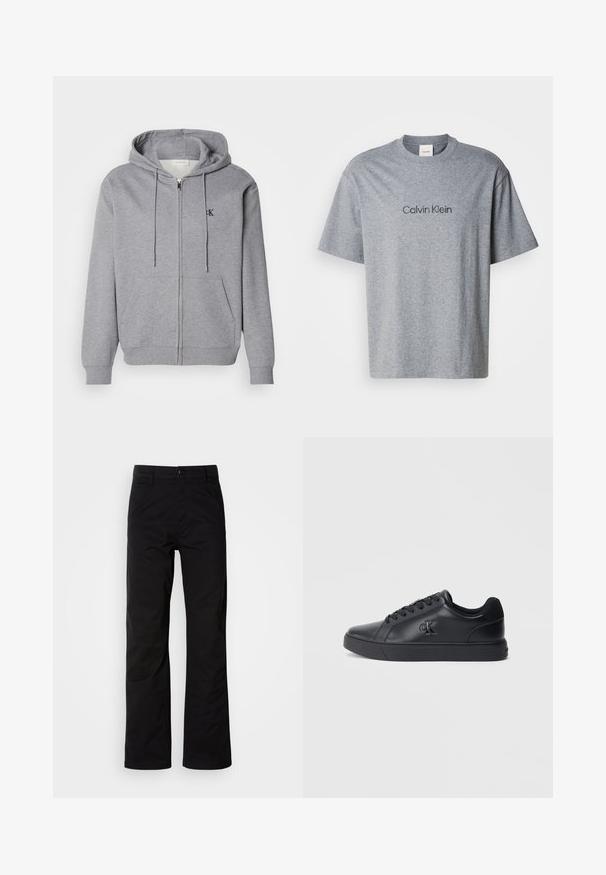 Grå zip-up hoodie lavet af blødt stof, med hætte, snoretræk, to forlommer og et lille sort logo på brystet.; Grå bomulds t-shirt med korte ærmer, rund halsudskæring og et trykt "Calvin Klein" logo i en mørkere nuance på brystet.; Sort bomuldsbukser med lige ben, der har knaplukning og bæltestropper. Glat tekstur og minimalistisk stil uden synlige mønstre.; Sorte lædersneakers med snørebånd, gummisål og præget logo på siden, der har en glat tekstur og minimalistisk stil.