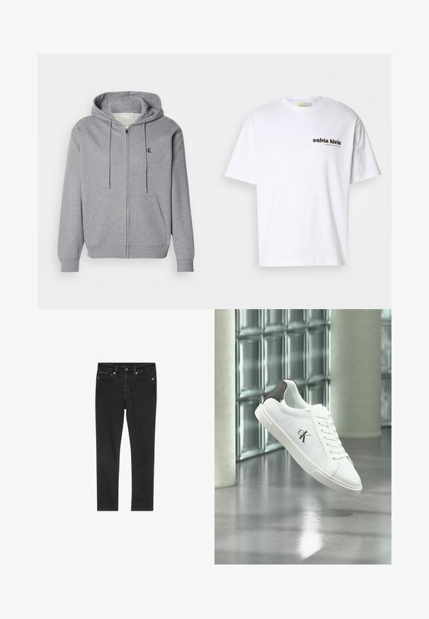 Grå zip-up hoodie lavet af blødt stof, med hætte, snoretræk, to forlommer og et lille sort logo på brystet.; Hvid bomulds t-shirt med korte ærmer, med sort "Calvin Klein" tekstlogo og et firkantet mærke nær halsudskæringen. Simpelt design.; Sorte denimjeans med slim fit, der har fire lommer, lukning med metalknap og let slidte detaljer. Glat tekstur og klassisk design.; Hvid sneaker med sort hælflig og "ck" logo, snøret, vist svævende over blank grå gulv med glasblokvæg og søjler i baggrunden.