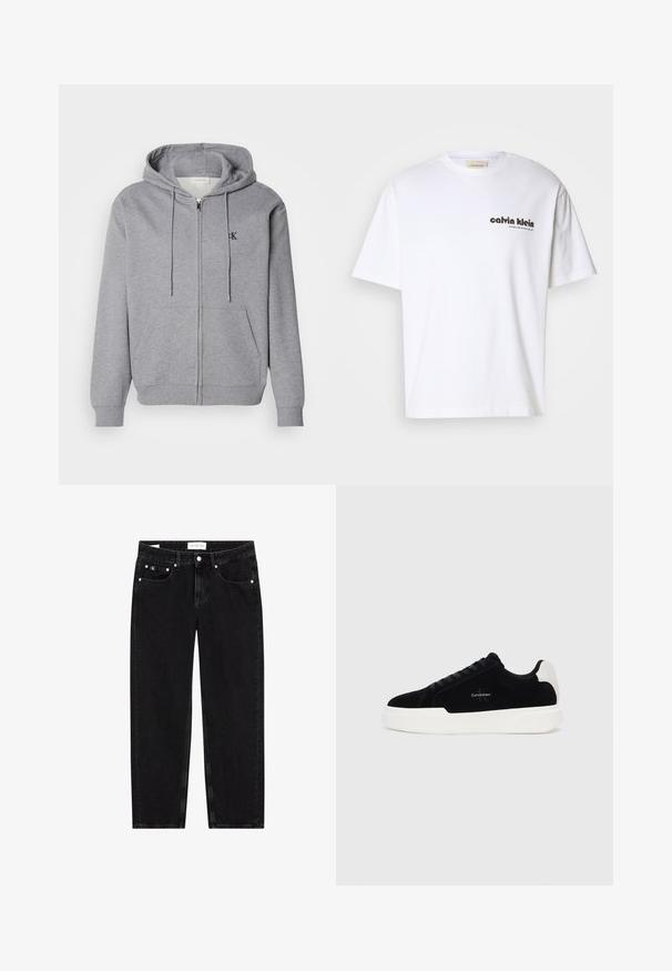 Hall näoga kapuutsiga hall fliisist jope, millel on toed, kaks esist taskut ja väike must logo rinnal.; Valge puuvillane T-särk lühikeste varrukatega, millel on must „Calvin Klein“ tekstilogo ja ruudukujuline silt kaela lähedal. Lihtne disain.; Mustast denimist sirge lõikega teksad, kerge kulumisega tekstuur, viis taskut ja hõbedased detailid. Silt vöökohtadel.; Mustad mustad tossussneaker valge tallaga ja kontsaabiga, nööbid ees, ja Calvin Kleini logo küljel.