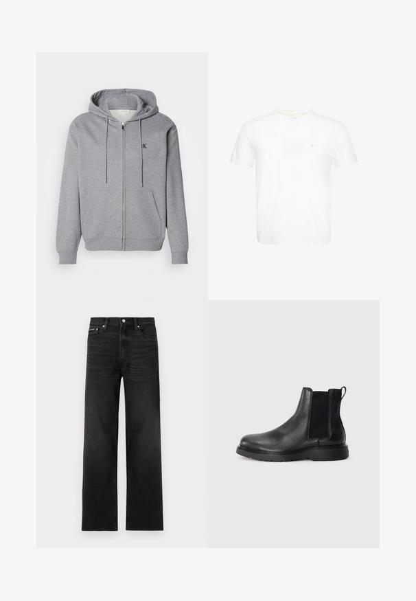 Grå zip-up hoodie lavet af blødt stof, med hætte, snoretræk, to forlommer og et lille sort logo på brystet.; Hvid T-shirt med korte ærmer og rund hals med lille broderet "ck" logo på venstre bryst.; Sorte jeans med lige ben, fem-lomme design, bæltestropper og knaplukning, vist på en hvid baggrund.; Sorte læder chelsea støvler med tekstureret finish, elastiske sidepaneler og en robust gummisål. Subtil branding på hælen.