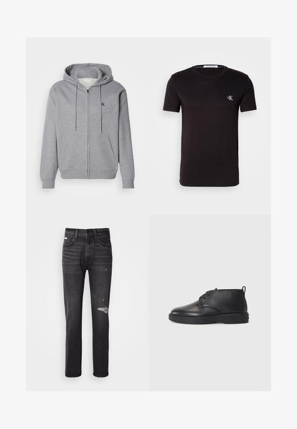 Grijze zip-up hoodie gemaakt van zachte stof, met een capuchon, trekkoorden, twee voorzakken en een klein zwart logo op de borst.; Zwart T-shirt met korte mouwen en ronde hals, met klein wit "cK" logo op de linkerborst en Calvin Klein Jeans label aan de binnenkant van de kraag.; Zwarte denim jeans met een rechte pijp, verwerkte details bij de knie, vijf-pocket styling en een subtiele vervaagde afwerking.; Zwarte leren enkelboots met een gladde textuur, ronde neus en zwarte rubberen zool. Voorzien van een vetersluiting en een hielbandje voor eenvoudig aan- en uittrekken.