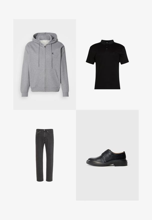 Sudadera con cremallera gris hecha de una tela suave, con capucha, cordones, dos bolsillos frontales y un pequeño logo negro en el pecho.; Polo negro de tela suave, con cuello de solapa, tapeta con tres botones y un pequeño logo en el lado izquierdo del pecho.; Vaqueros negros de corte recto con cierre delantero de botón y cremallera, bolsillos delanteros y traseros, mostrados sobre fondo blanco.; Zapato oxford de cuero negro con punta redonda, cordones en la parte frontal y tacón bajo y apilado sobre un fondo claro y liso.