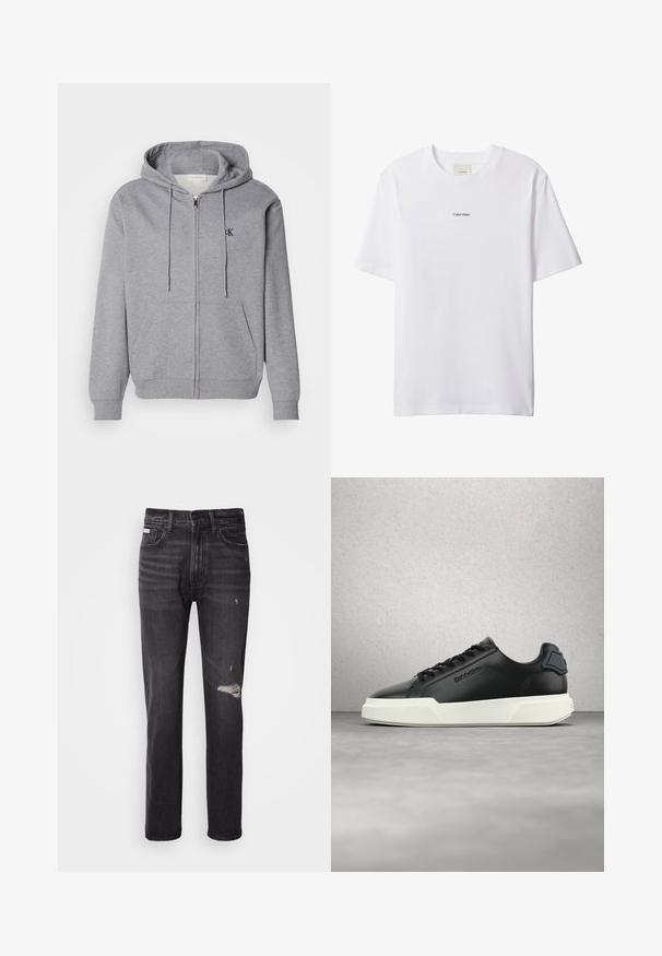 Grå zip-up hoodie lavet af blødt stof, med hætte, snoretræk, to forlommer og et lille sort logo på brystet.; Hvid bomuld t-shirt med rund hals og korte ærmer. Har en lille sort "Calvin Klein"-logo centreret på brystet.; Sorte denim jeans med lige ben-design, distressed detaljer ved knæene, fem-lommestil og en diskret falmet finish.; Sort lædersneaker med hvid sål, sorte snørebånd og præget mærke, vist flydende over en grå gulv med glasblokvæg i baggrunden.
