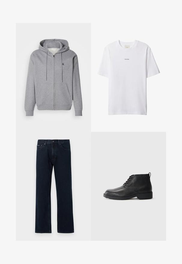 Grijze zip-up hoodie gemaakt van zachte stof, met een capuchon, trekkoorden, twee voorzakken en een klein zwart logo op de borst.; Witte katoenen T-shirt met een ronde hals en korte mouwen. Heeft een klein zwart "Calvin Klein"-logo in het midden van de borst.; Donkerblauwe jeans met rechte pijpen, voorste knoop- en ritssluiting, voorzakken en riemlussen.; Zwarte leren laarzen met een gestructureerde afwerking, ronde neus, vetersluiting aan de voorkant en een stevige rubberen zool. Voorzien van een klein aantreklipje aan de achterkant.