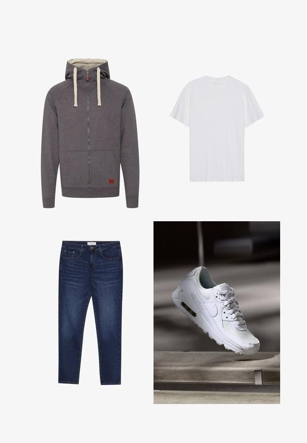 Grijze ritshoodie met een trekkoordcapuchon, kangoeroezakken en geribde manchetten. Heeft een klein leren merkteken aan de voorkant.; Witte katoenen T-shirt met korte mouwen, een ronde hals en een gladde textuur. Heeft minimale branding op de halslijn.; Donkerblauwe slim-fit jeans met vijf zakken, knoopsluiting en contrasterende stiksels, gelabeld Pier One op de tailleband.; Witte Nike Air Max 90 sneaker met een bovenwerk van mesh en leer, een geperforeerde teenbox en een zichtbare luchtunit in de hiel.